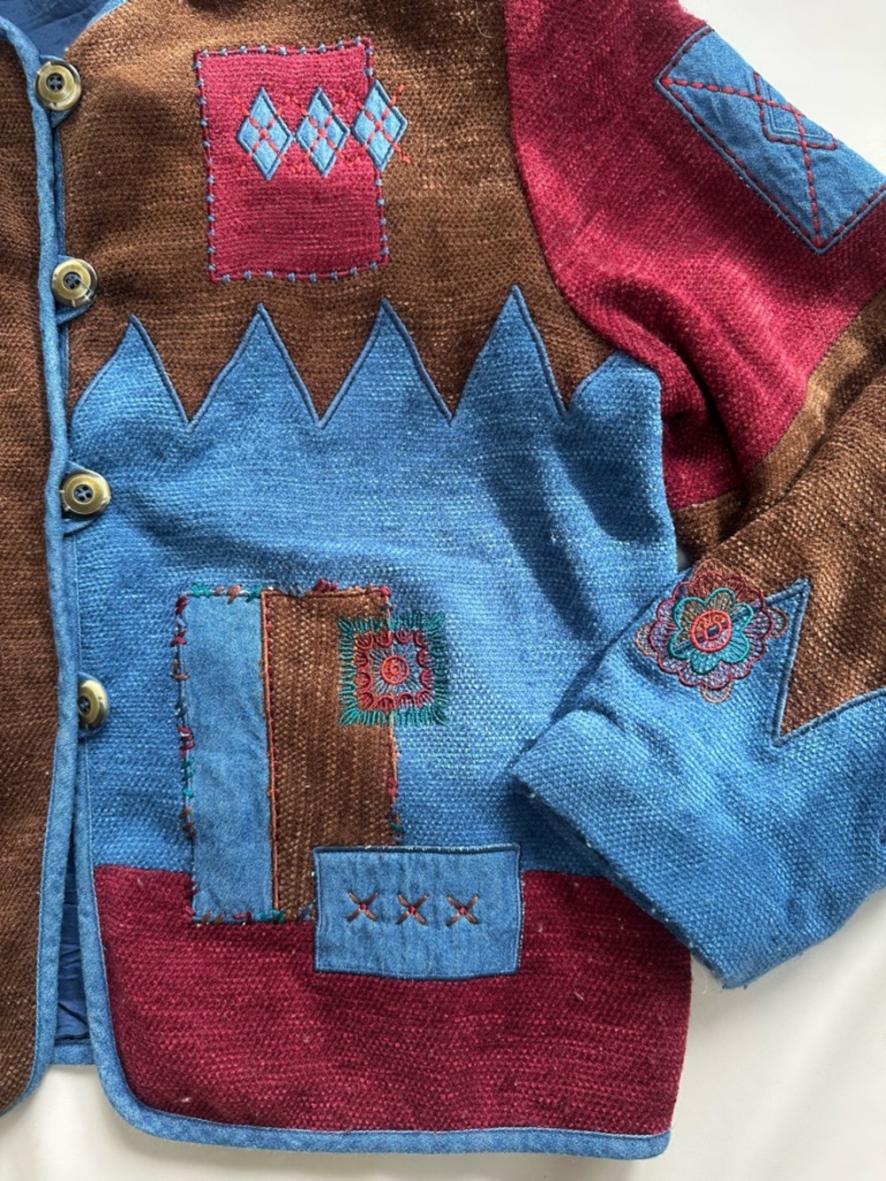Koret Brown Denim-Trim Patchwork Embroidered Cardigan - Picture 2 of 7